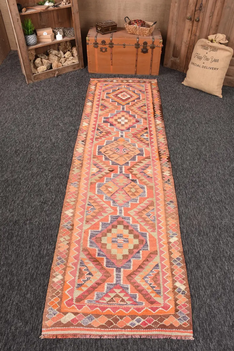 3.1x10.7 ft Halı, Runner Türk Halısı, Turuncu Kilim İkat Halı - 1