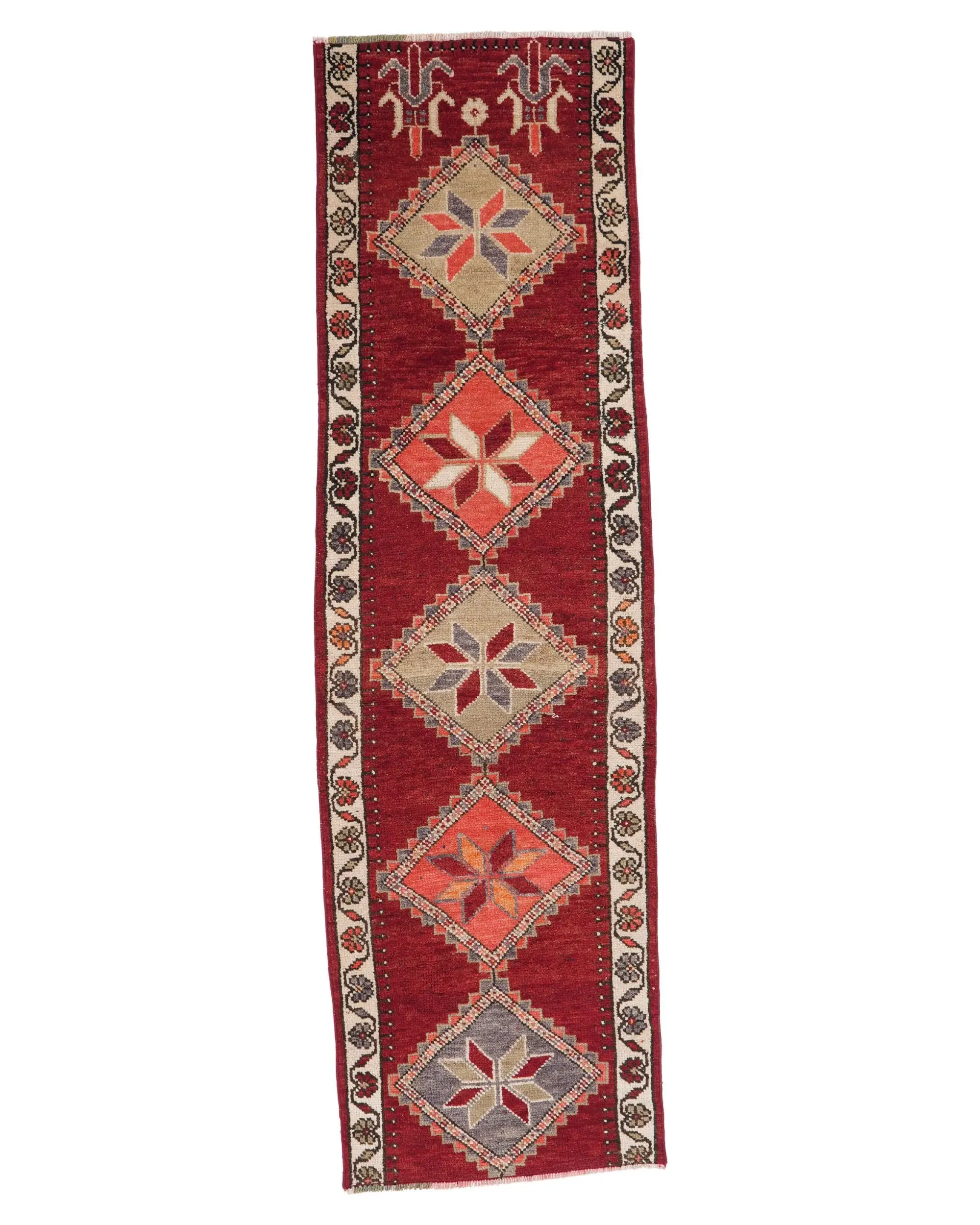 Vintage Turkish Rug 2.5x9 ft, Red Herki Polka dot Rug - 1