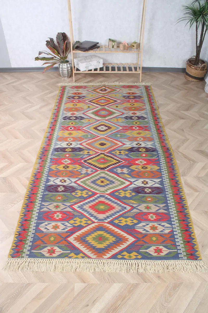 4.5x8.8 ft Alan Vintage Türk Halısı, Mavi Geometrik Yün Halı - 1