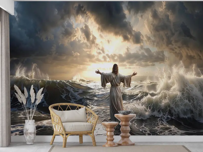 Göttliche Meereslandschaft: Bedruckte Tapete mit Jesus im Meer