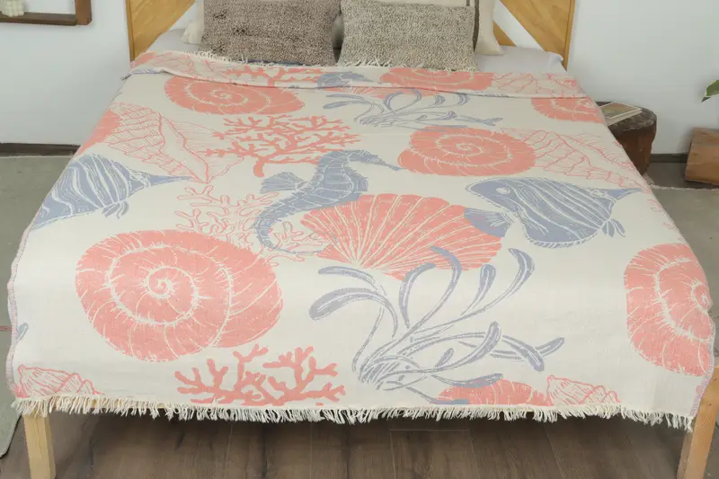 Turkish Blanket, 88x64 Cotton Underwater Animals Design Towel, Monogram Blanket, Christmas Gift Blanket, Beach Theme Wedding Gift, Custom Blanket - 8