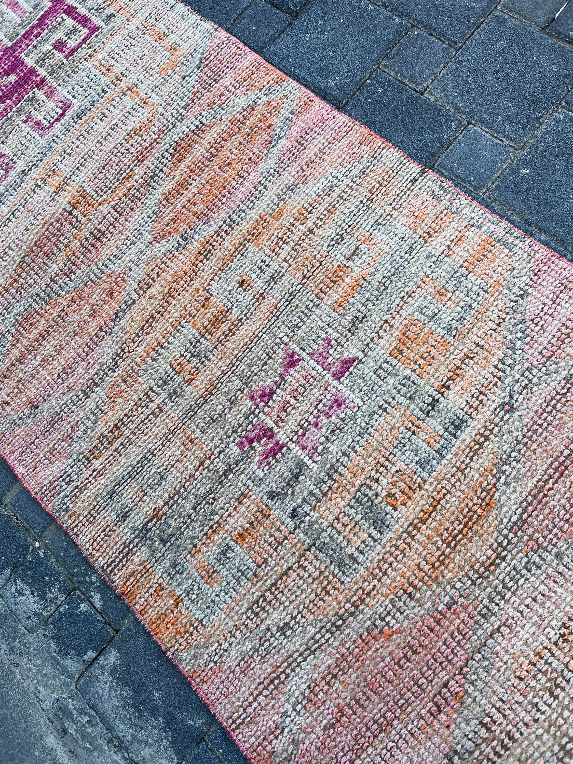 Vintage Turkish Rug 2.8x10.5 ft (86x321 cm), Herki Orange Pink Floral Rug - 1