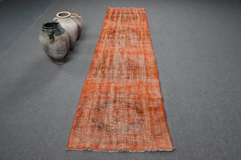2.7x9.9 ft Vintage Runner Rug, Orange Brown Turkish Moroccan Wool Rug - 1