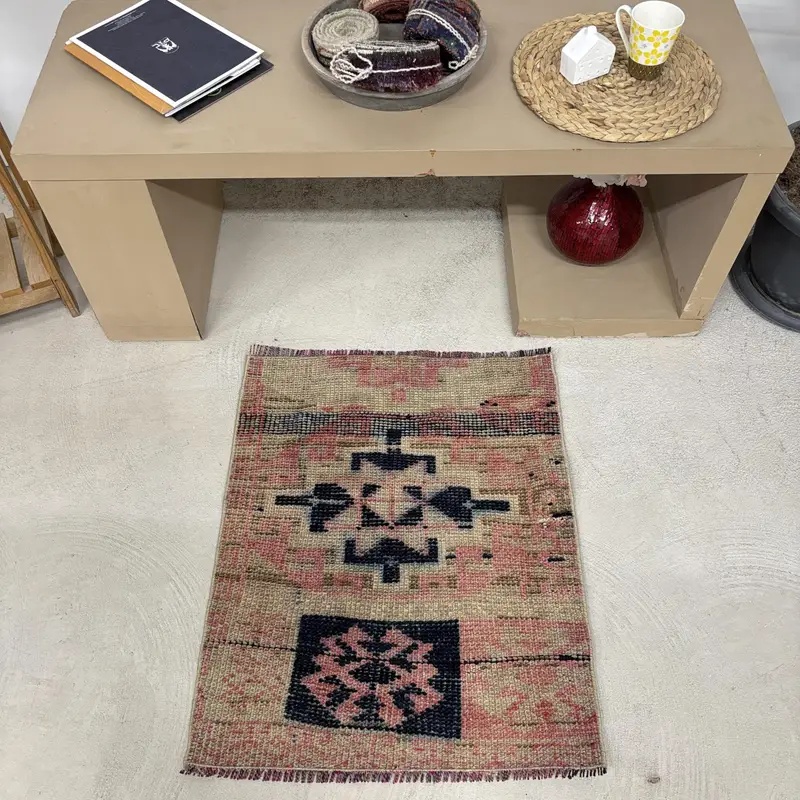 Turkish Vintage Rug 2.2x2.7 ft (66x82 cm), Oushak Red Oriental Rug - 1