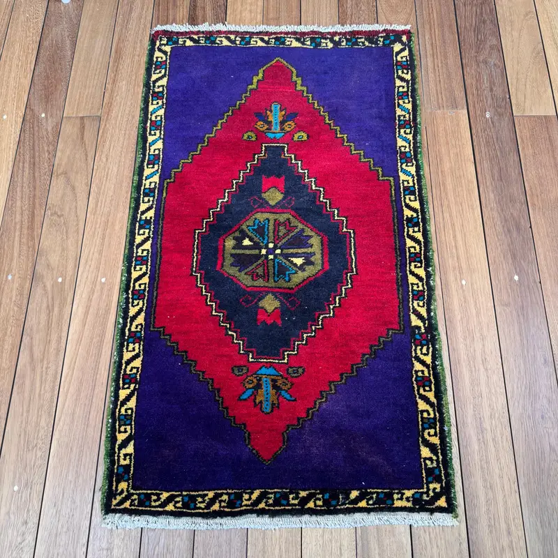 2x3.4 ft Turkish Rug, Vintage Small Rug, Red Blue Moroccan Wool Rug - 1
