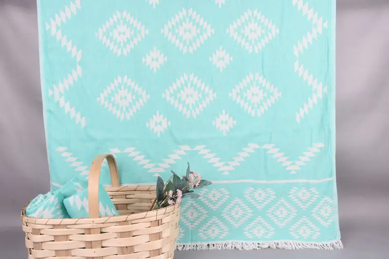 Monogram Beach Towel, Turkish Cotton, Benetton Green, Beige, 36x71 Inches