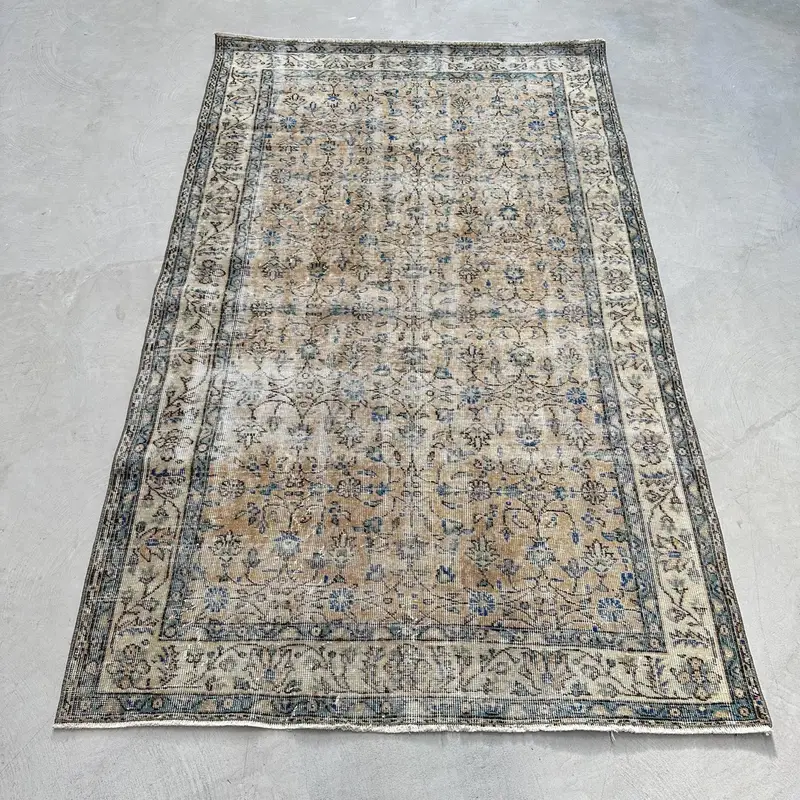 Vintage Rug, Area 4.8x8.2 ft Turkish Rug, Blue Brown Bordered Wool Rug - 1