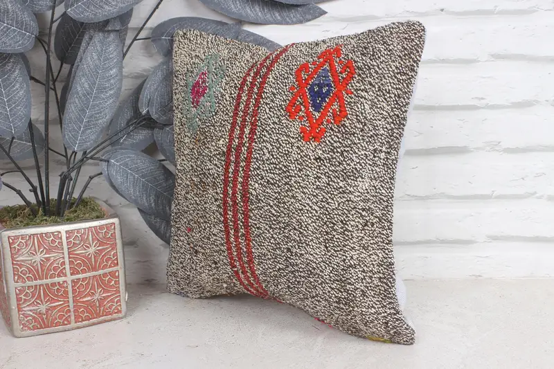 Pillow Case, Christmas Cushion, Throw Kilim Pillow, Vintage Pillow, 12x12 Brown Pillow Case, Boho Pillow, Comfy Throw Pillow Sham - 3