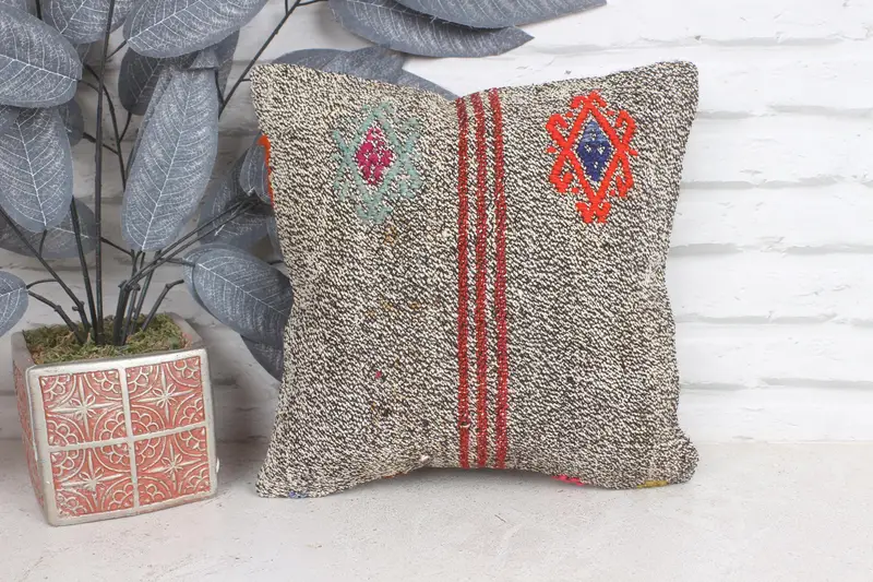 Pillow Case, Christmas Cushion, Throw Kilim Pillow, Vintage Pillow, 12x12 Brown Pillow Case, Boho Pillow, Comfy Throw Pillow Sham - 1