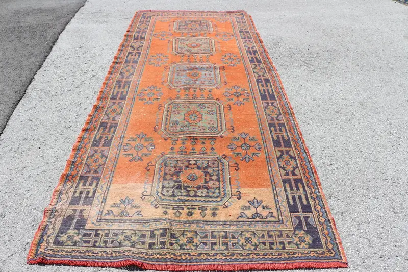Vintage Türk Halısı 4.7x11.7 ft, Oushak Turuncu Çiçekli Yün Halı - 1