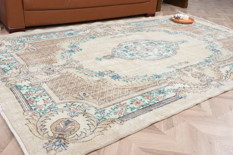 Vintage Türk Oushak Halısı 5.7x9.3 ft, Mavi Büyük Patchwork Yün Halı - 1