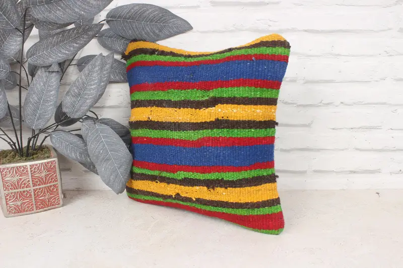 Turkish Corner Pillow, Cushion Cover, Turkish Kilim Pillow, Gift Pillow, 14x14 Green Pillow Cover, Vintage Pillow, Chair Cushion Case - 4