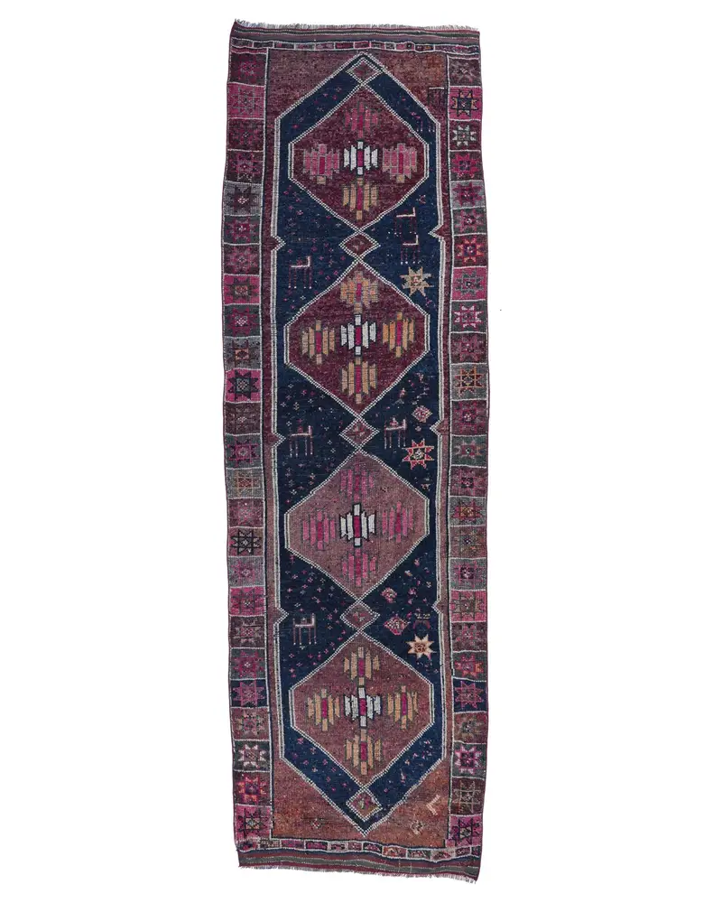 ブルー迷彩ラグ、3.3x11.4フィート、ピンクのアクセント付き