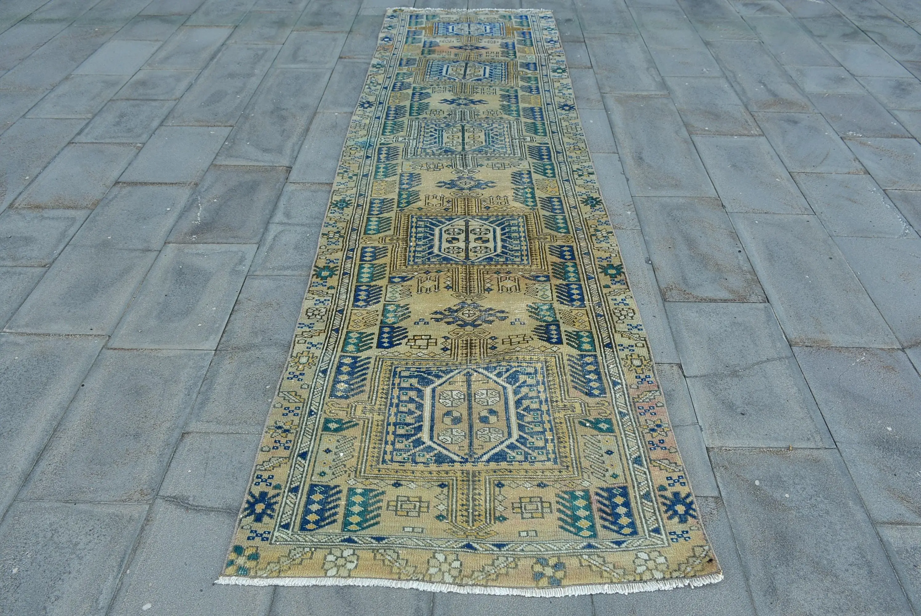 3,2x11 ft Teppich, türkischer Vintage Teppich, blaugrüner Wollteppich - 1
