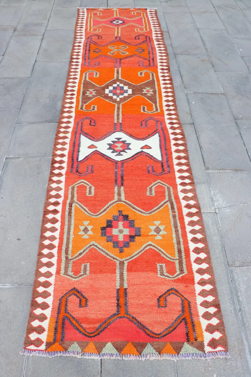 Kırmızı ve Turuncu Puantiyeli Halı, 2,7x11 ft Şık Dekor