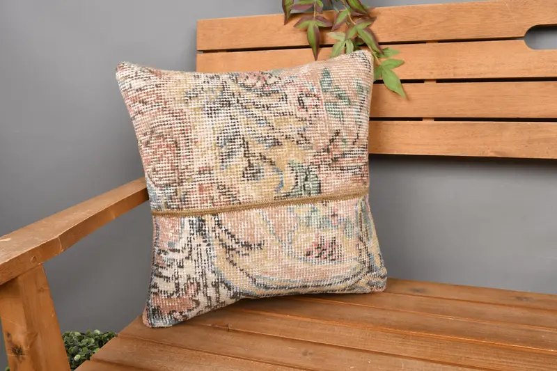 Almohada de lanzamiento de patchwork beige y marrón, cojín vintage bordado