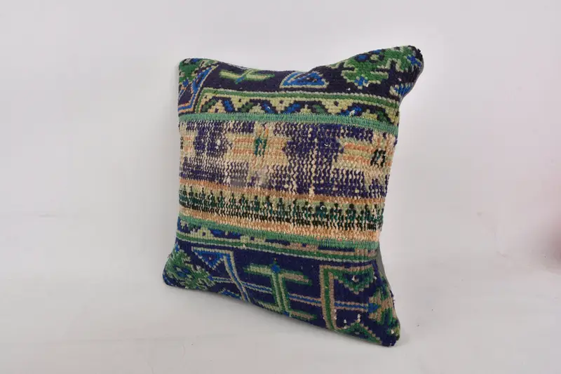 Vintage Throw Cushion Case, Chair Pillow, Vintage Pillow, 16x16 Blue Pillow Case, Ethnical Kilim Rug Pillow, Pillow, Boho Pillow Sham Cover - 3