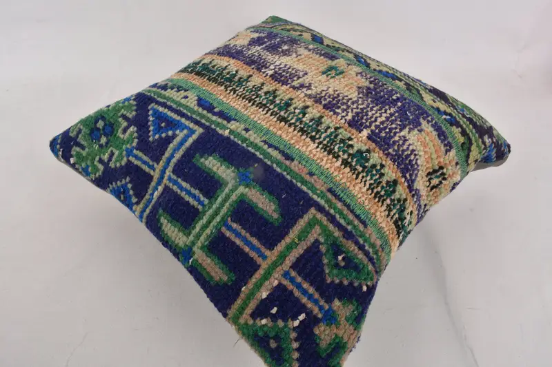 Vintage Throw Cushion Case, Chair Pillow, Vintage Pillow, 16x16 Blue Pillow Case, Ethnical Kilim Rug Pillow, Pillow, Boho Pillow Sham Cover - 6
