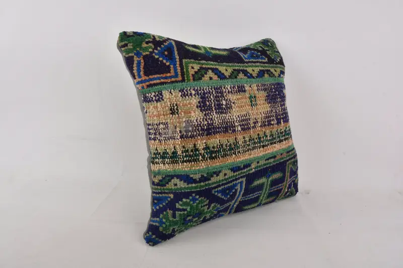 Vintage Throw Cushion Case, Chair Pillow, Vintage Pillow, 16x16 Blue Pillow Case, Ethnical Kilim Rug Pillow, Pillow, Boho Pillow Sham Cover - 2