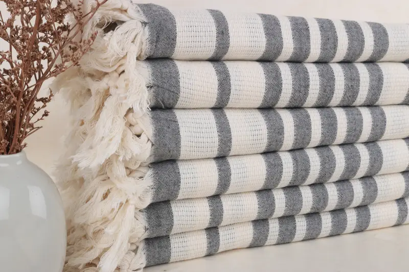 Custom Turkish Towel, Embroidered Black Striped Towel, 34x71 Inches