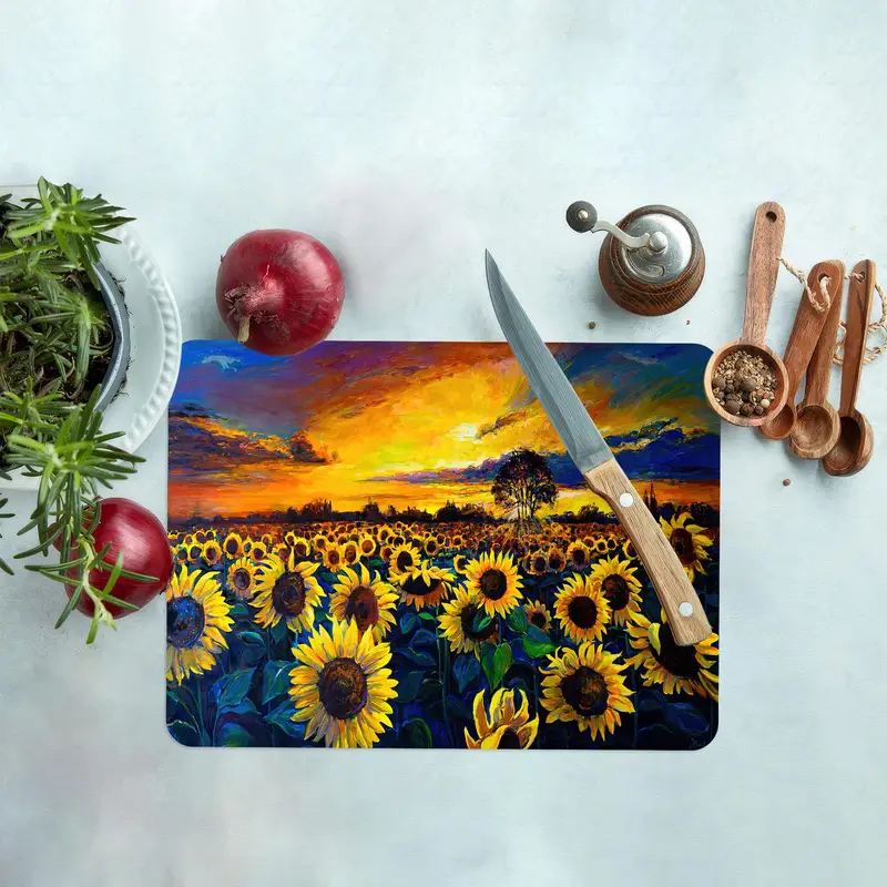 Sunflower Field Glass Cutting Board, Tempered, Anti-Slip, Kitchen Essential