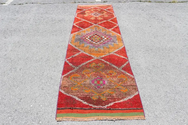 Herki Rug, 2.9x10.1 ft Vintage Rug, Red Abstract Rug Wool - 1
