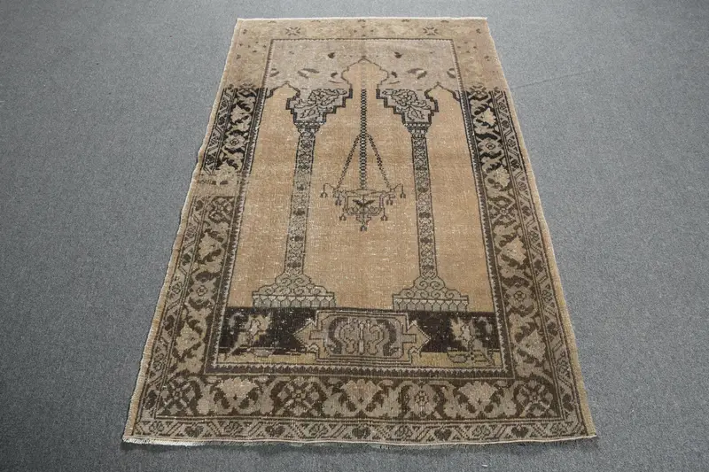 3.4x5.6 ft Rug, Turkish Vintage Accent Rug, Brown Oushak Wool Rug - 1