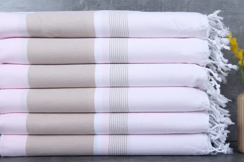Beach Towel Organic Cotton Striped Beige/Pink, 40x79 Inches