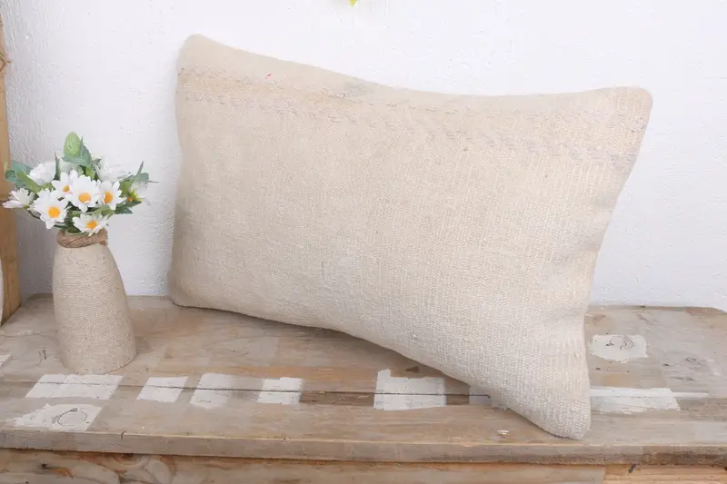 Boho Pillow Sham Cover, 12x20 White Cushion Case, Turkish Kilim Pillow, Handmade Rug Seat Pillow Cover, Kilim Pillow, Pillow Sham - 4
