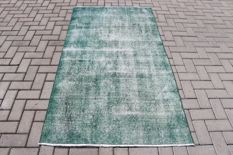 3.6x6.5 ft Türk Halısı, Vintage Vurgu Halısı, Yeşil Beyaz Katı Yün Halı - 1
