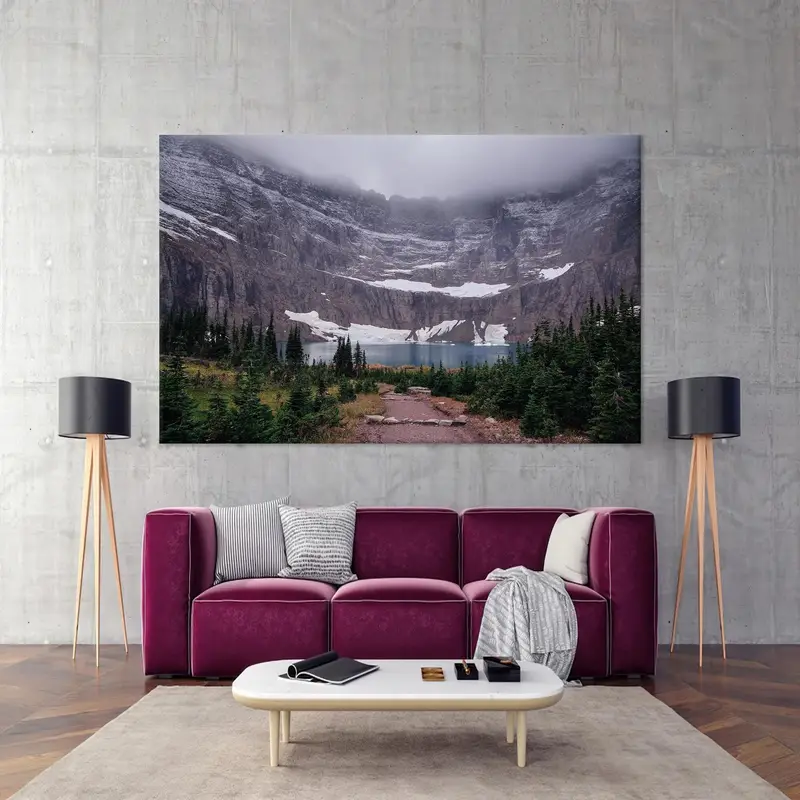 Dağ manzarası, göl manzarası, çiftlik evi sanatı, modern tuval sanatı, dağ duvar dekoru, buzdağı göl sanatı, tuval sanat dekoru, duvar asılı - 5