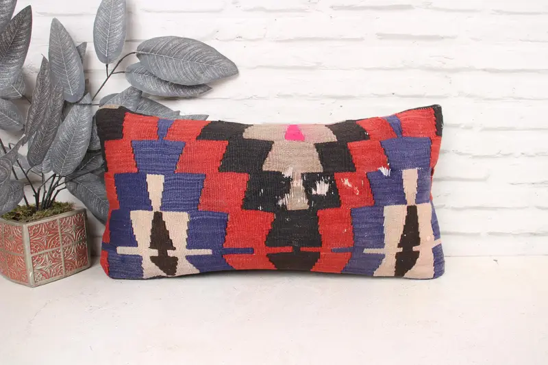 Cotton Cushion Cover, Cushion, Tribal Cushion, 12x24 Red Pillow Cover, Kilim Pillow, Pillow for Couch, Gift Pillow, Nomadic Pillow Sham - 1
