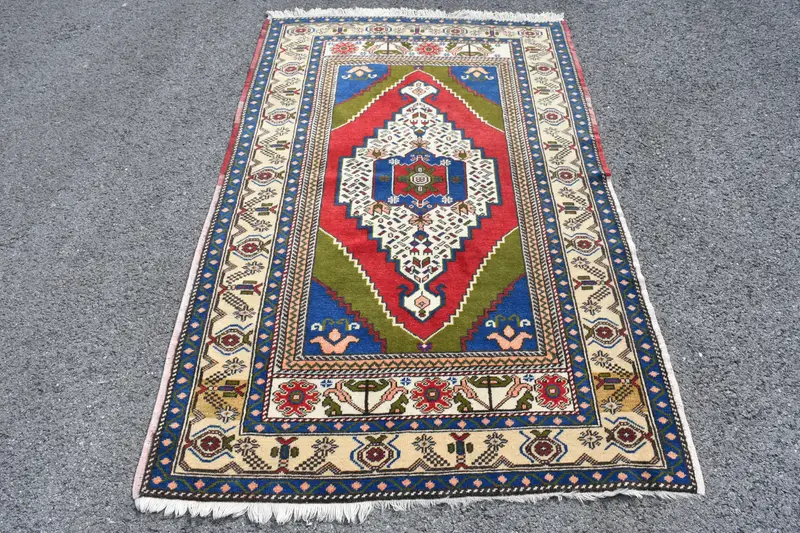 3.9x6.1 ft Oushak Vintage Rug, Red Floral Turkish Rug Wool - 1