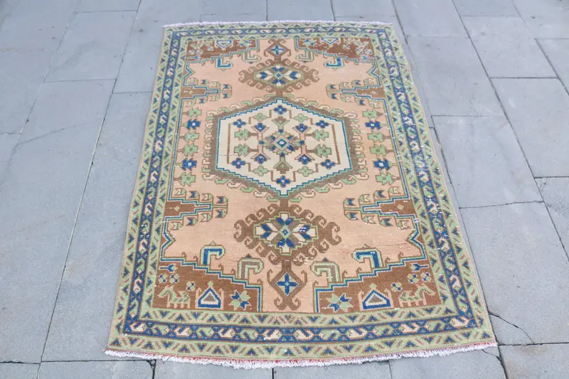 Alfombra vintage Oushak Accent 3,3x4,8 pies (102x147 cm), alfombra turca de patchwork marrón - 1