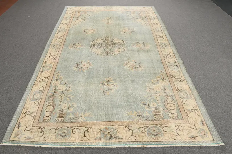 Turkish Vintage Rug 5.4x8.7 ft (165x265 cm), Oushak Blue Wool Rug - 1