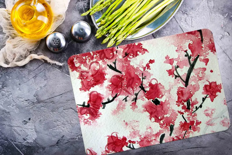 レッドブロッサム強化ガラスまな板 日本の花柄