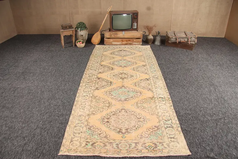 Alfombra de 4,6x11,2 pies, alfombra turca Oushak, alfombra vintage con bordes de lana amarilla - 1