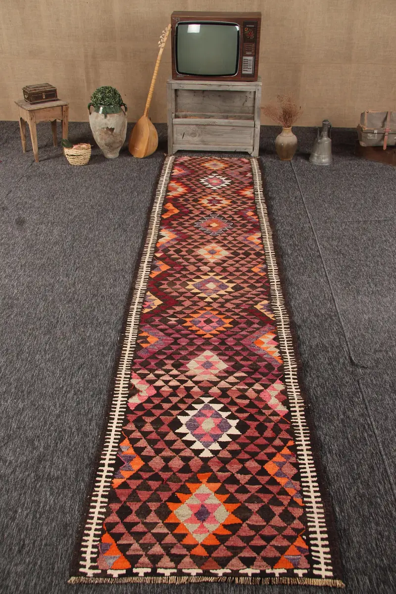 Alfombra de 2,8x12,3 pies, alfombra turca vintage, alfombra de lana Oushak roja - 1