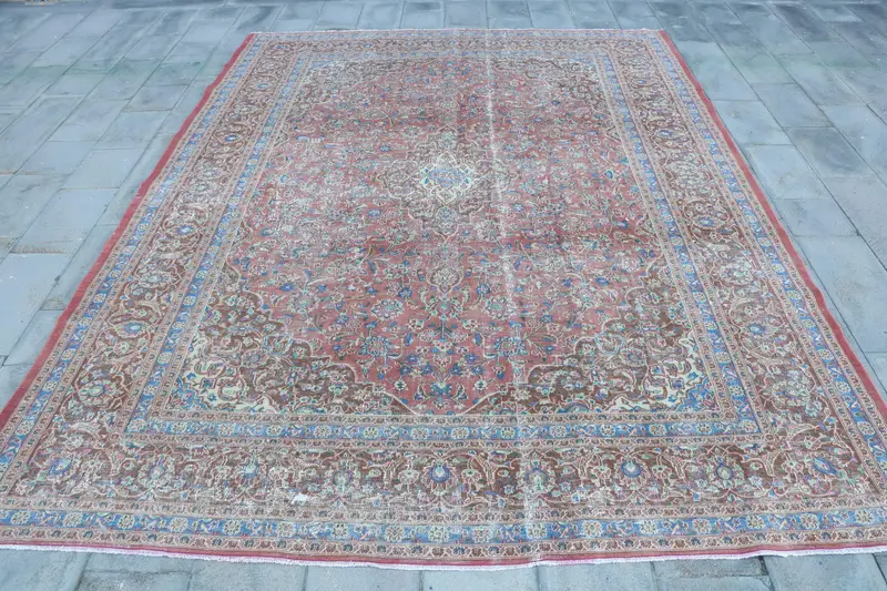 9.5x11.8 ft Rug, Vintage Turkish Oversize Rug, Red Oushak Wool Rug - 1