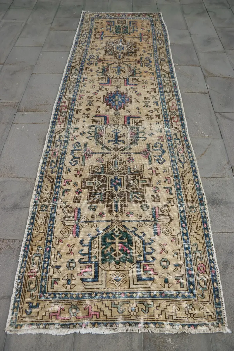 Alfombra turca de 3,2x10,6 pies, alfombra corredor vintage, alfombra patchwork marrón azul - 1