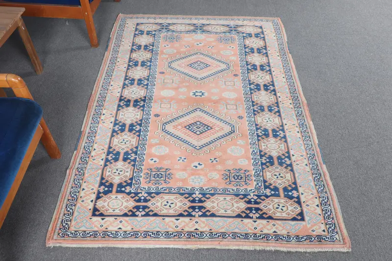Türk Vintage Oushak Halı 4x5.7 ft (122x175 cm), Mavi Soyut Yün Halı - 1