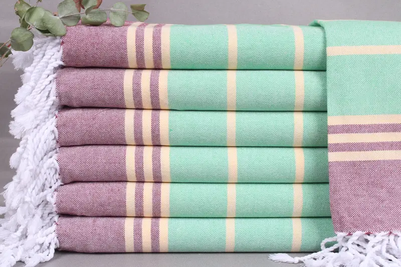 Custom Turkish Towel Burgundy-Green Striped, Organic Cotton, 36x71 Inches