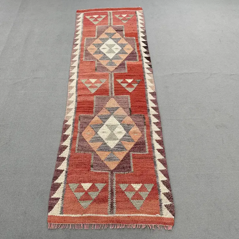 2.5x8.5 ft Runner Türk Halısı, Vintage Halı, Kırmızı Gri Oryantal Yün Halı - 1