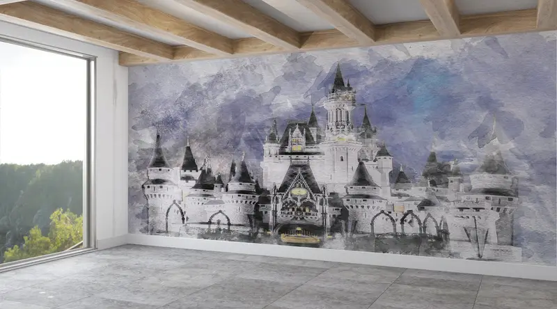 Bezaubernde bedruckte Disney-Tapete „Schloss Aschenputtel“ für das Kinderzimmer