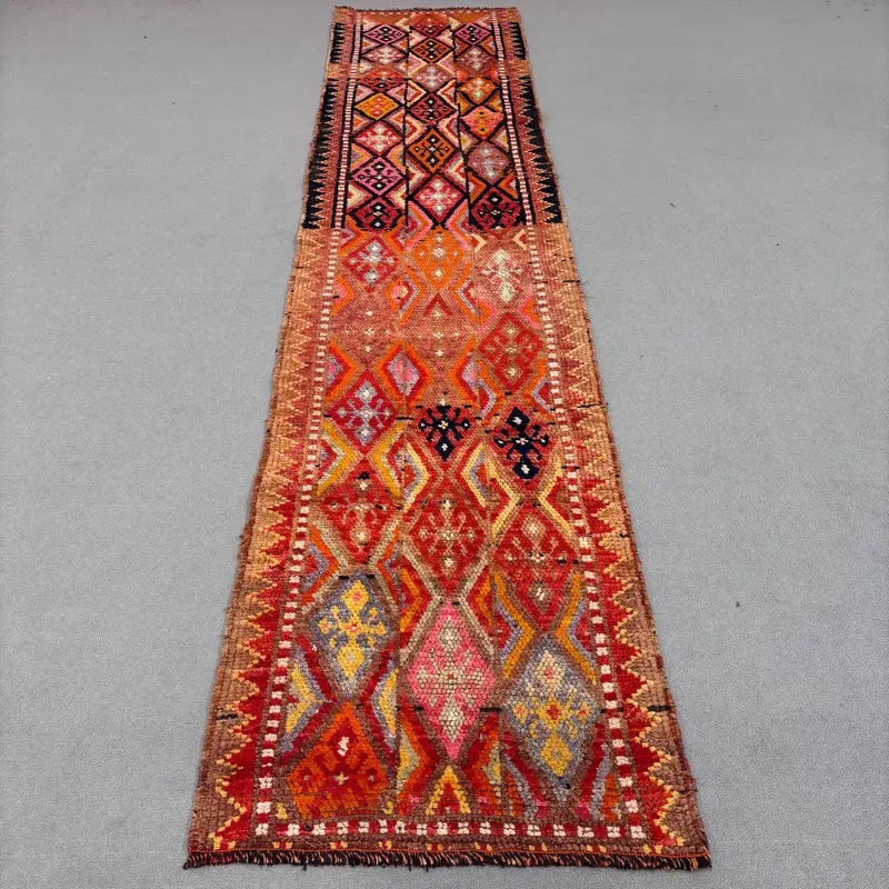 Leuchtender Teppich in Orange und Blau, 2,7 x 12,4 Fuß, Blumen- und Paisleymuster