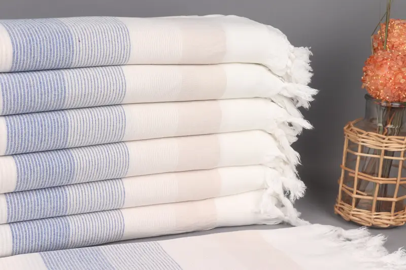 Custom Beach Towel Cream-Sax Blue Striped, Organic Cotton, 40x67 Inches