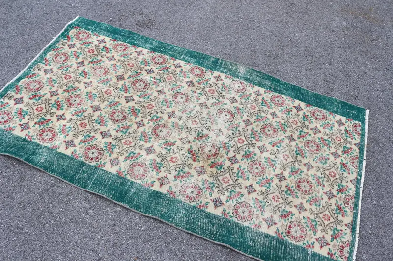 3,5x6,1 ft Vintage Teppich, türkischer Akzentteppich, grün rot gestreifter Wollteppich - 1
