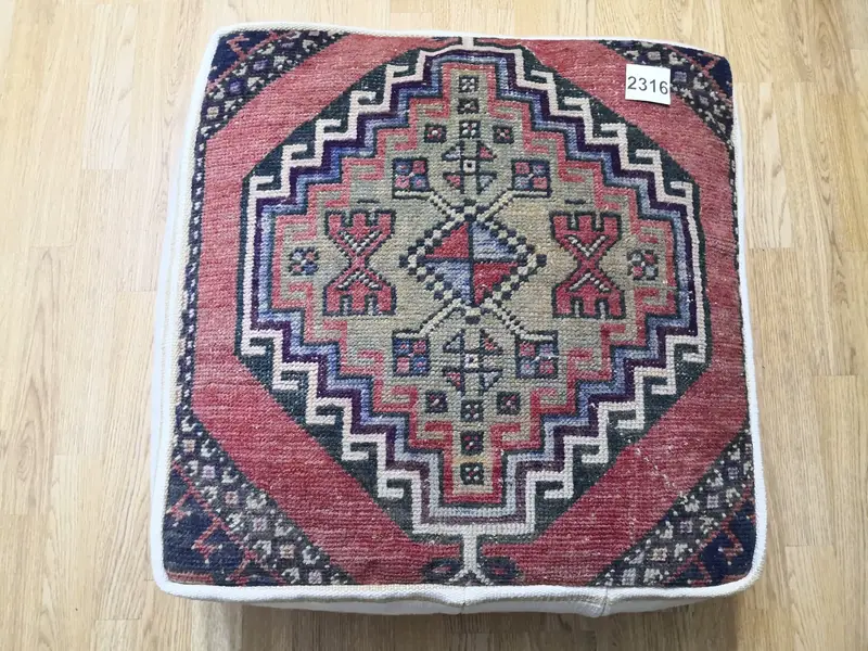 Handmade Kilim-Inspired Wool Pouf, Rectangular Ottoman Pouf