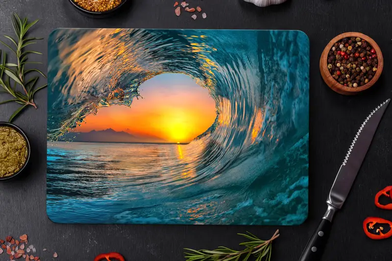 サンセットウェーブガラスカッティングボード、ブルーシーデザイン、キッチンエッセンシャル