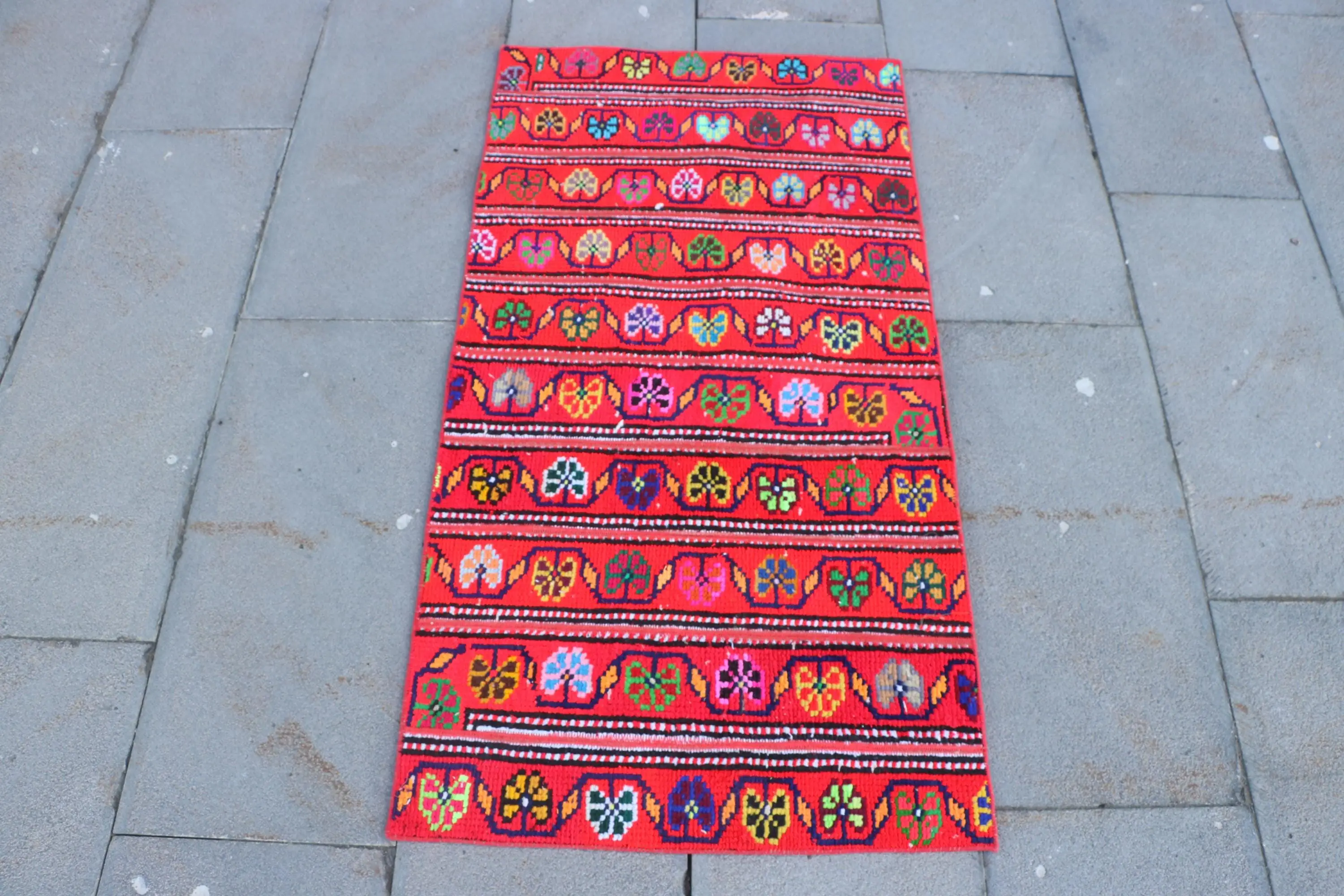 2x3.9 ft Turkish Small Rug, Red Green Vintage Patchwork Wool Rug - 1